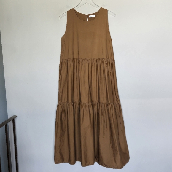 Margot Paris Tiered Sleeveless Midi Dress Brown Poplin Cotton Pockets Italy - Picture 7 of 15